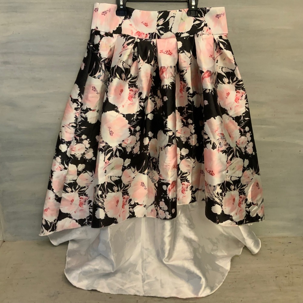Pink Black White Floral Print Pleated High Low Skirt Size XL New with Tags